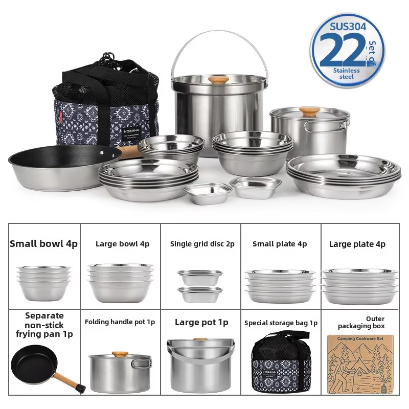 Camping Cooking Kits - NOBANA 最新の屋外ステンレス鋼ポットセットキャンプファミリーポットセット 5L ポータブルピクニックスープポット揚げ蒸し家庭用ポット