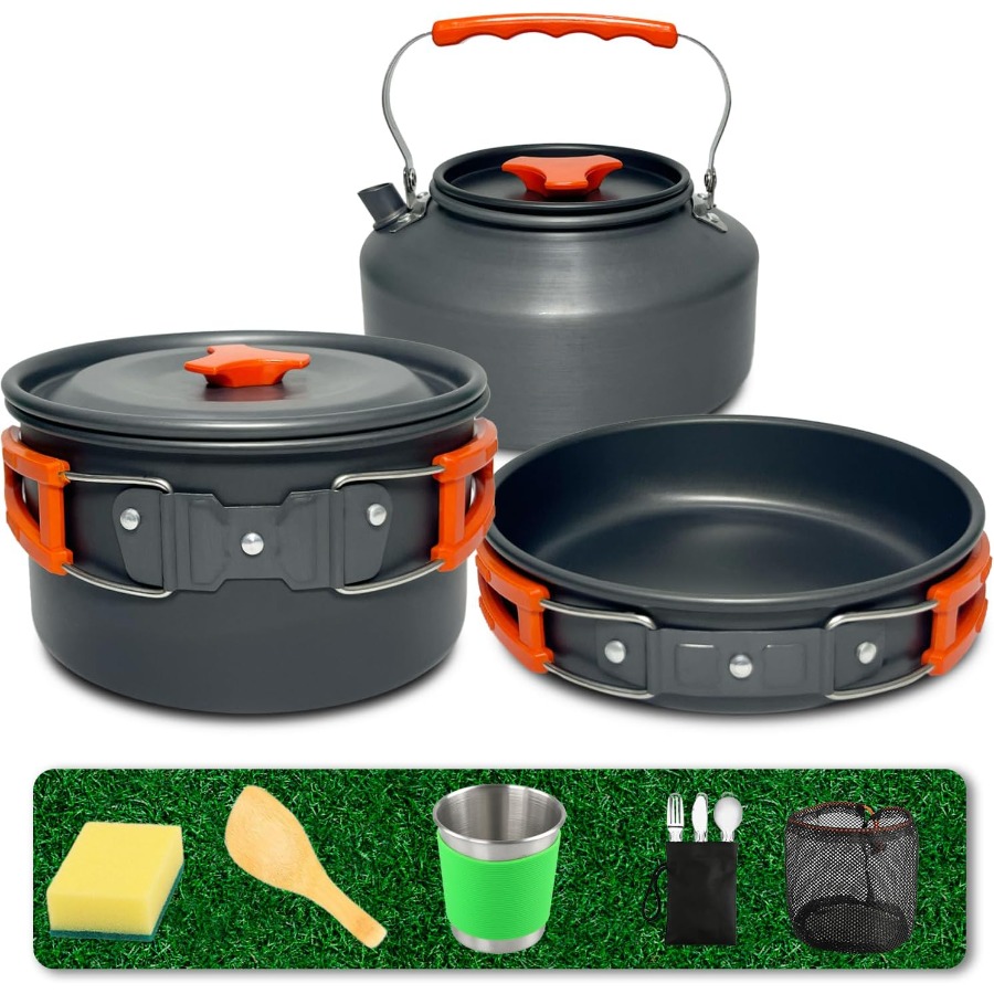 Camping Cooking Kits - キャンプ用調理器具セット：35オンスの焦げ付き防止加工鍋＋59オンスのフライパン、13点セットの超軽量ネスト式調理器具。バックパッキング、ハイキング、アウトドアでの調理に最適。