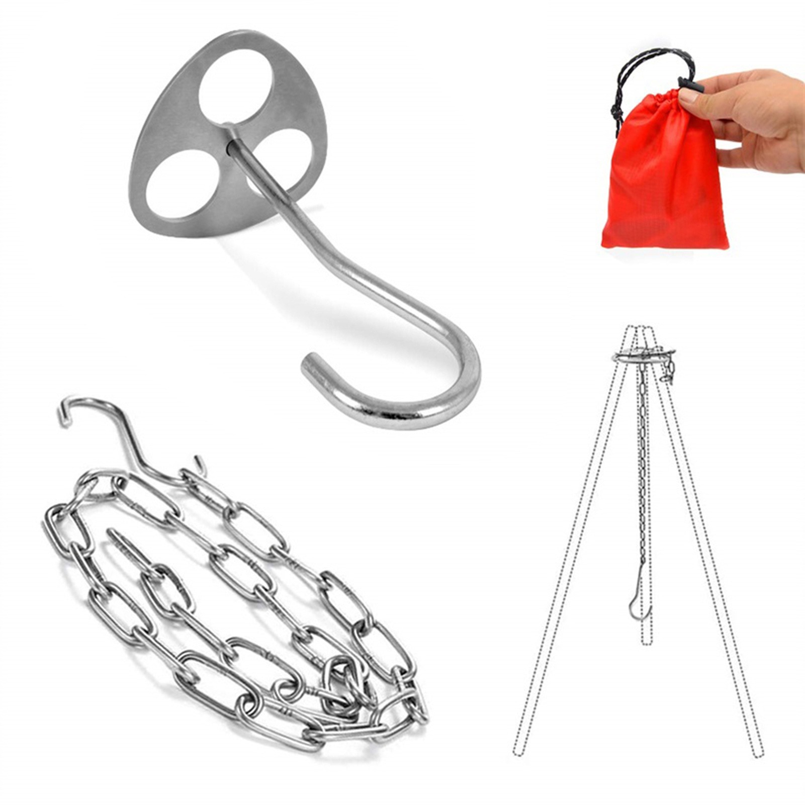 Camping Cooking Tripod - ステンレス製キャンプ用三脚サポートプレート。3つの穴があり、調整可能なチェーンとS字フックが付属。焚き火のそばで鍋を吊り下げて調理するのに最適。