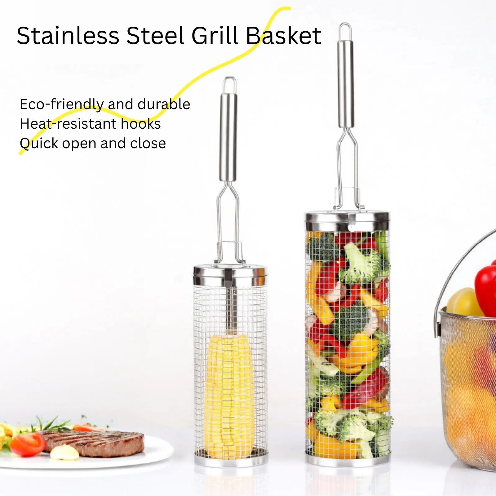 Camping Cooking Roll - ステンレス製ローリンググリルバスケット – キャンプ、バーベキュー、野菜、エビ用の必須アウトドア調理アクセサリー（ネスティングデザイン）