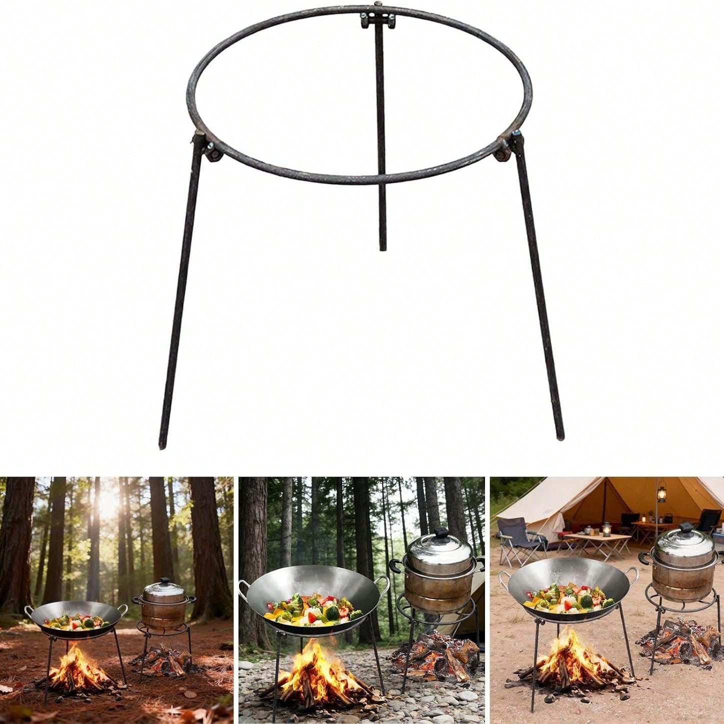 Camping Cooking Tripod - ポータブルアウトドアキャンプ三脚、調整可能な脚付き、取り外し可能なキャンプファイヤーグリルスタンド、軽量クッキングラック（山や裏庭でのBBQや水の沸騰に最適）、ハイキングやピクニックに適した汎用サバイバルギア