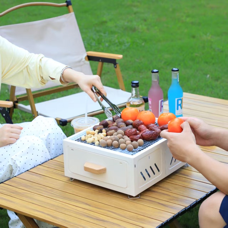 持ち運び可能な炭火焼きグリル。正方形の構造で、屋外でのキャン - Camping Cooking のレビューと価格