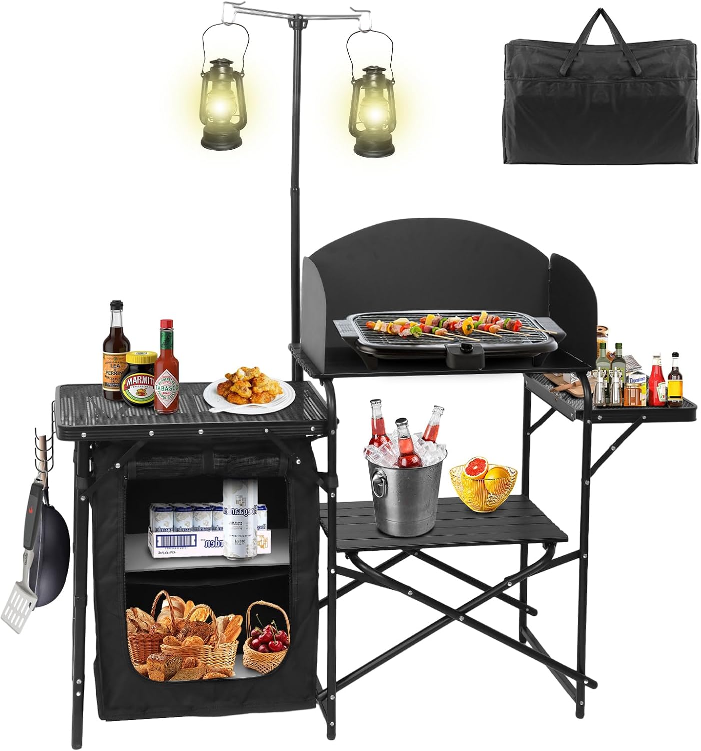 持ち運び可能な折りたたみ式キャンプキッチンステーション（ライ - Camping Cooking Table With Windshield のレビューと価格