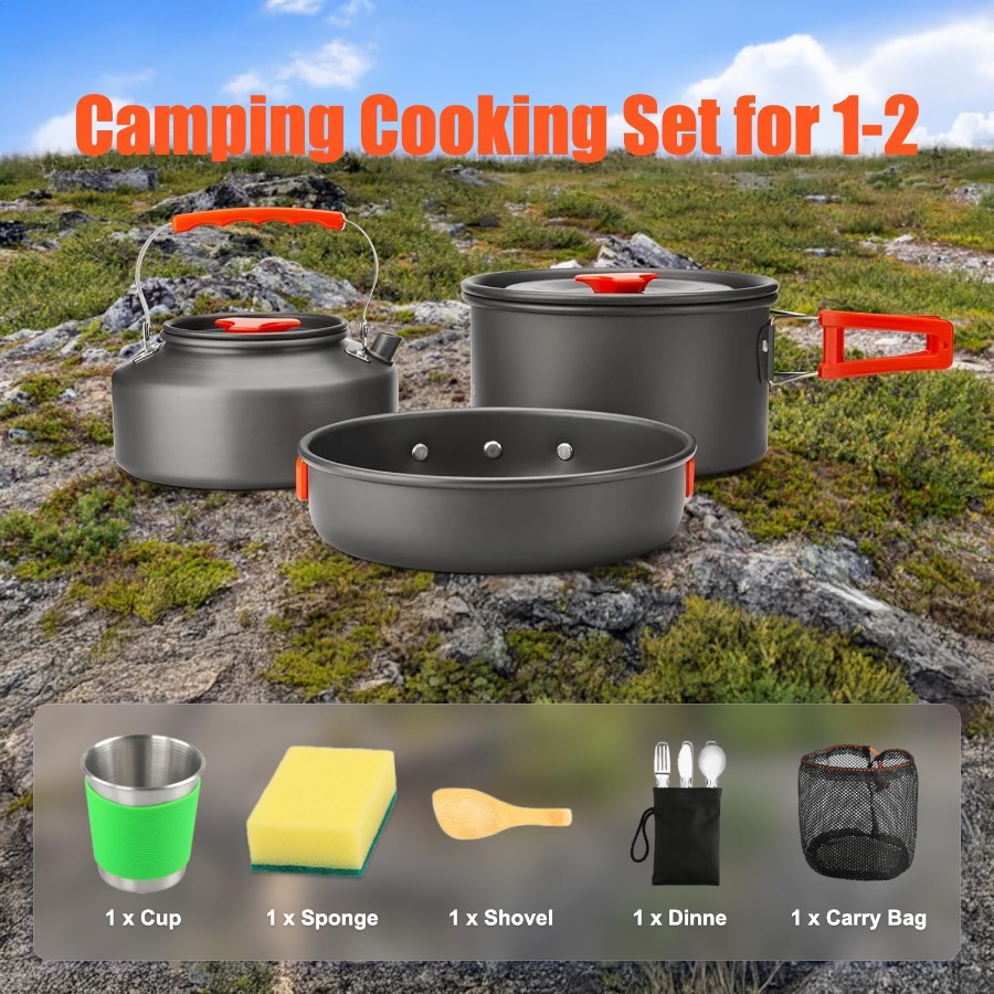 キャンプ用調理器具セット：35オンスの焦げ付き防止加工鍋＋5 - Camping Cooking Kits のレビューと価格